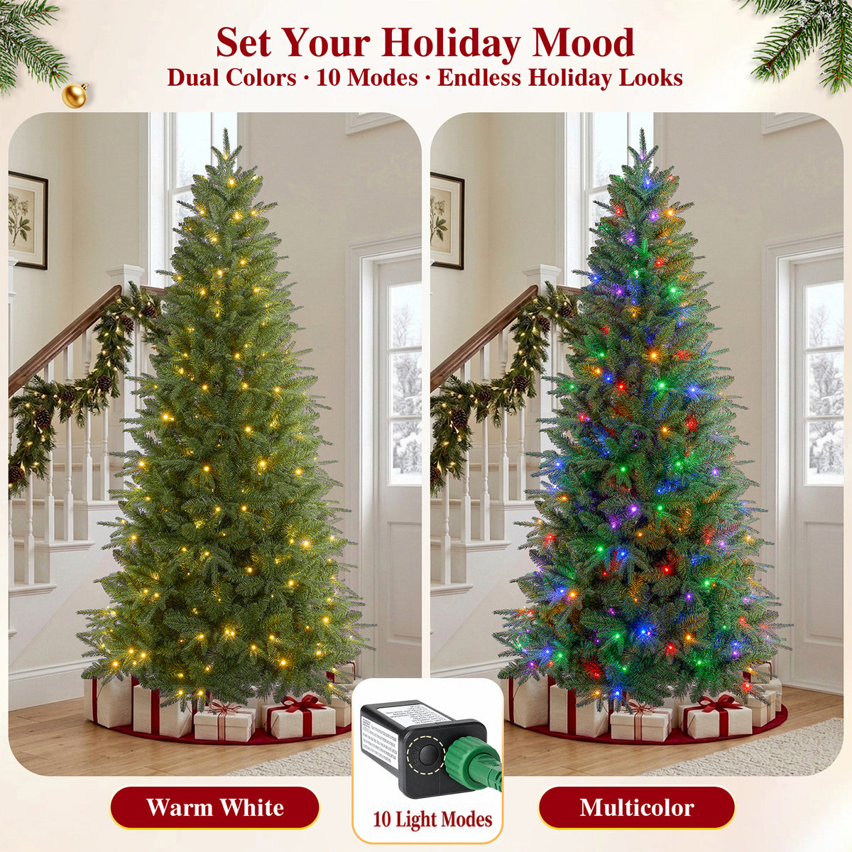 7ft Pre-Lit Artificial Christmas Tree, Aspen Fir with 1600 PE & PVC Mixed Branch Tips, Realistic Evergreen Tree with 300 Warm White & Multicolor LED Lights, 10 Lighting Modes