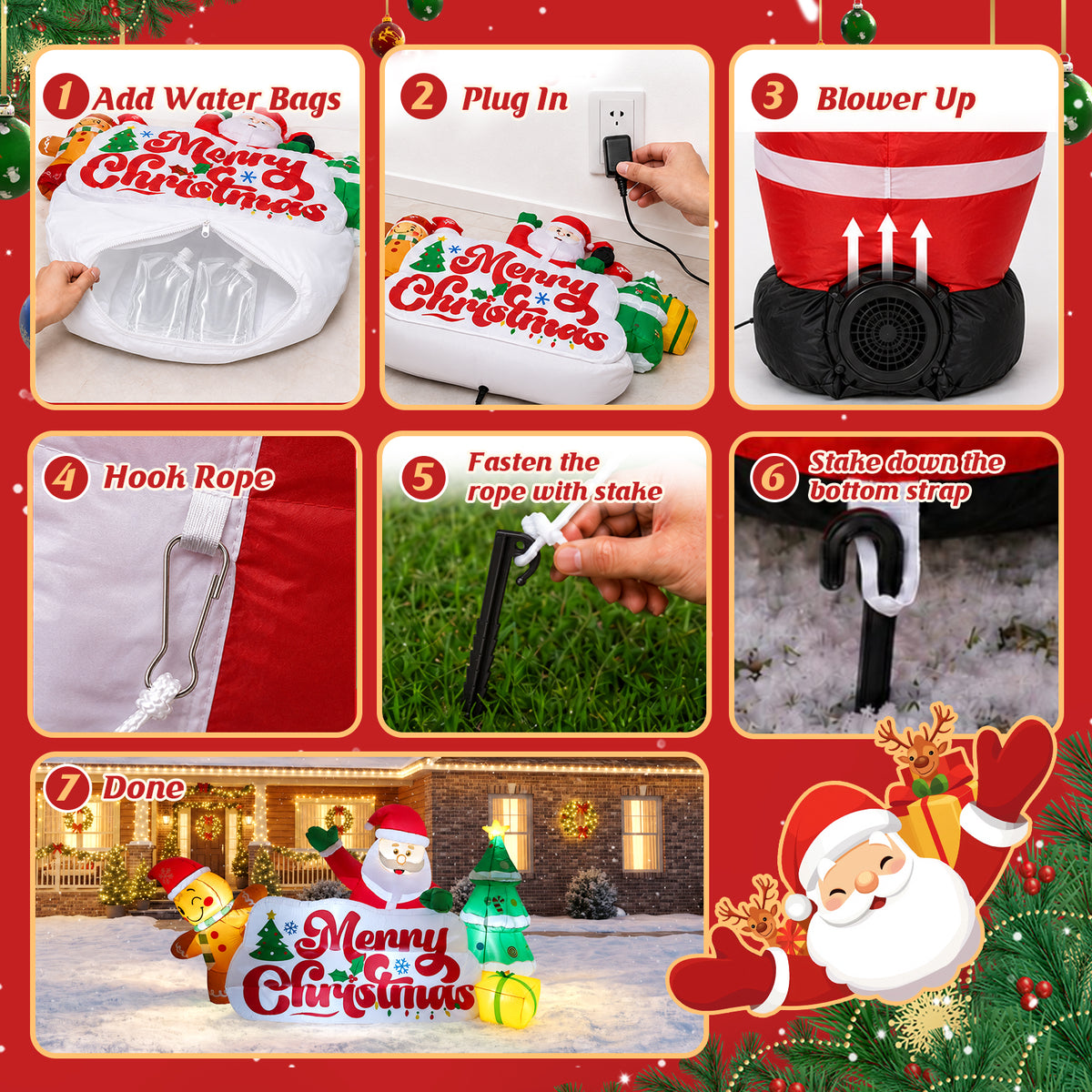 10ft Christmas Inflatables Outdoor Decorations, Merry Christmas Sign with Santa Gingerbread Christmas Tree, Built-in LEDs for Yard Lawn Garden