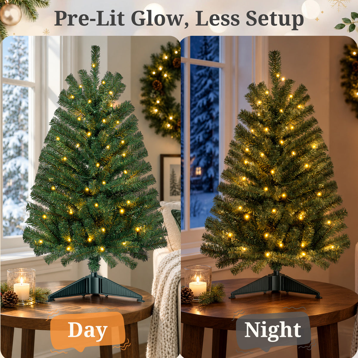 2Pack Christmas Tree, 3ft Pre-Lit Christmas Trees with Warm White LED Lights, Outdoor Porch Christmas Trees for Bedroom, Office, Entryway