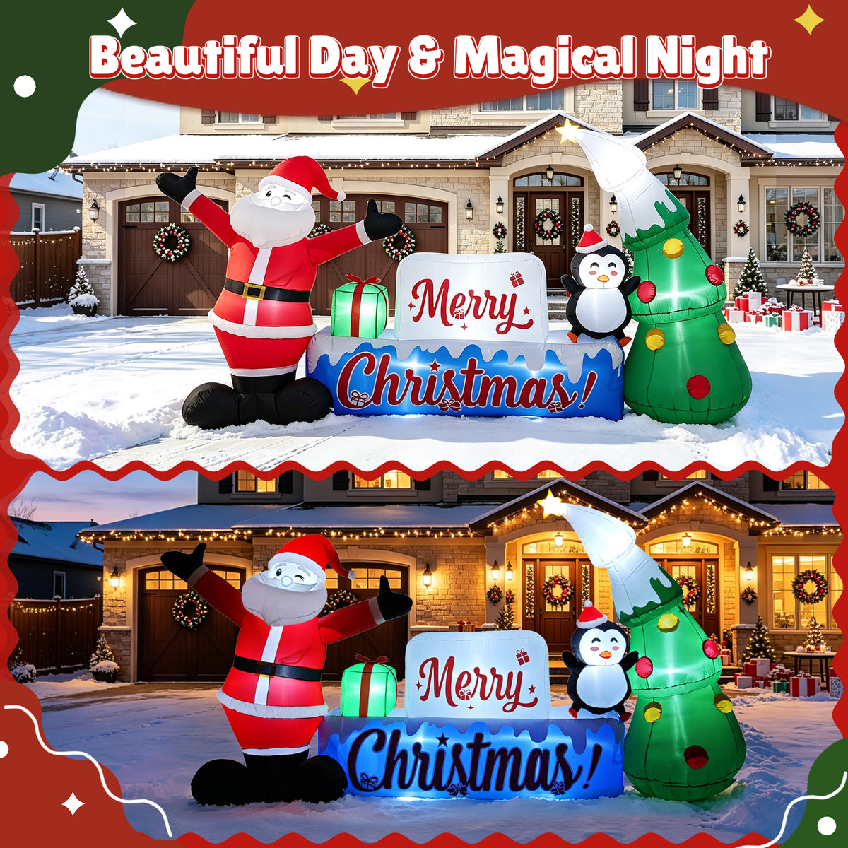 Goosiay 12 ft Christmas Inflatable Outdoor Decoration with Santa Claus, Penguin, Holiday Tree & Merry Christmas Sign, 10 LED Lights for Yard