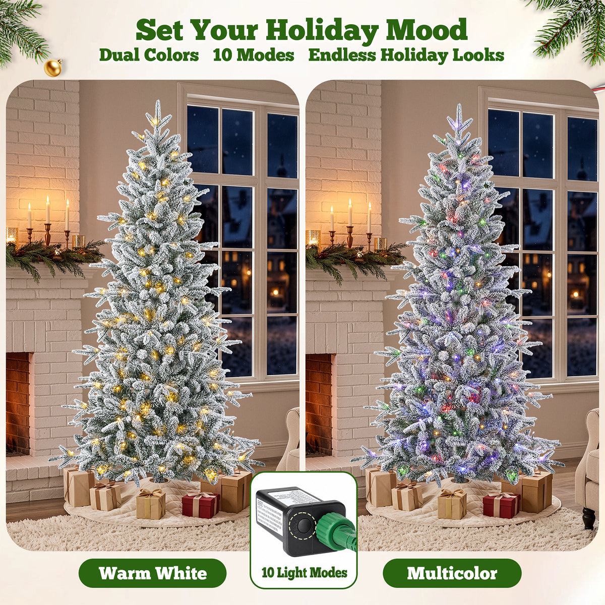 6 ft Pre-Lit Snow Flocked Slim Aspen Fir Artificial Christmas Tree, 900 PE & PVC Tips, 250 Warm White & Multicolor LED Lights