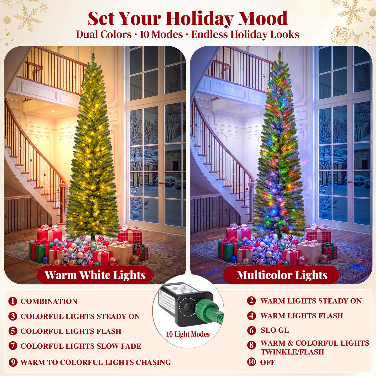 9ft Pre-litPencil Christmas Tree, Prelit Artificial Christmas Tree with 800 Tips, 380 Warm White & Multicolor Lights, 10 Modes, Green Xmas Tree with Stand