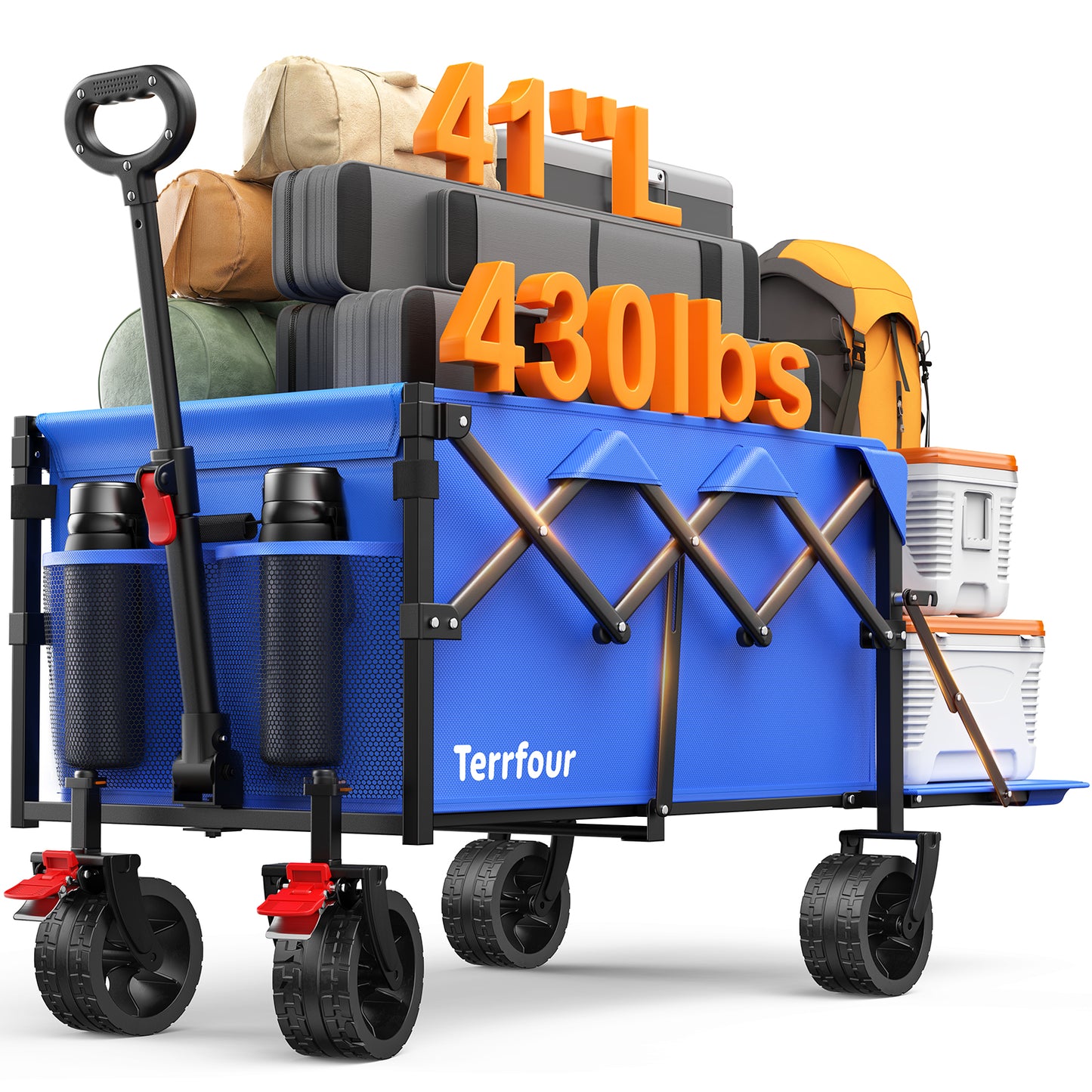 Terrfour 430 lb Heavy Duty Collapsible Folding Wagon Cart with Extended Tailgate and All-Terrain Wheels for Grocery, Shopping, Sports, Blue
