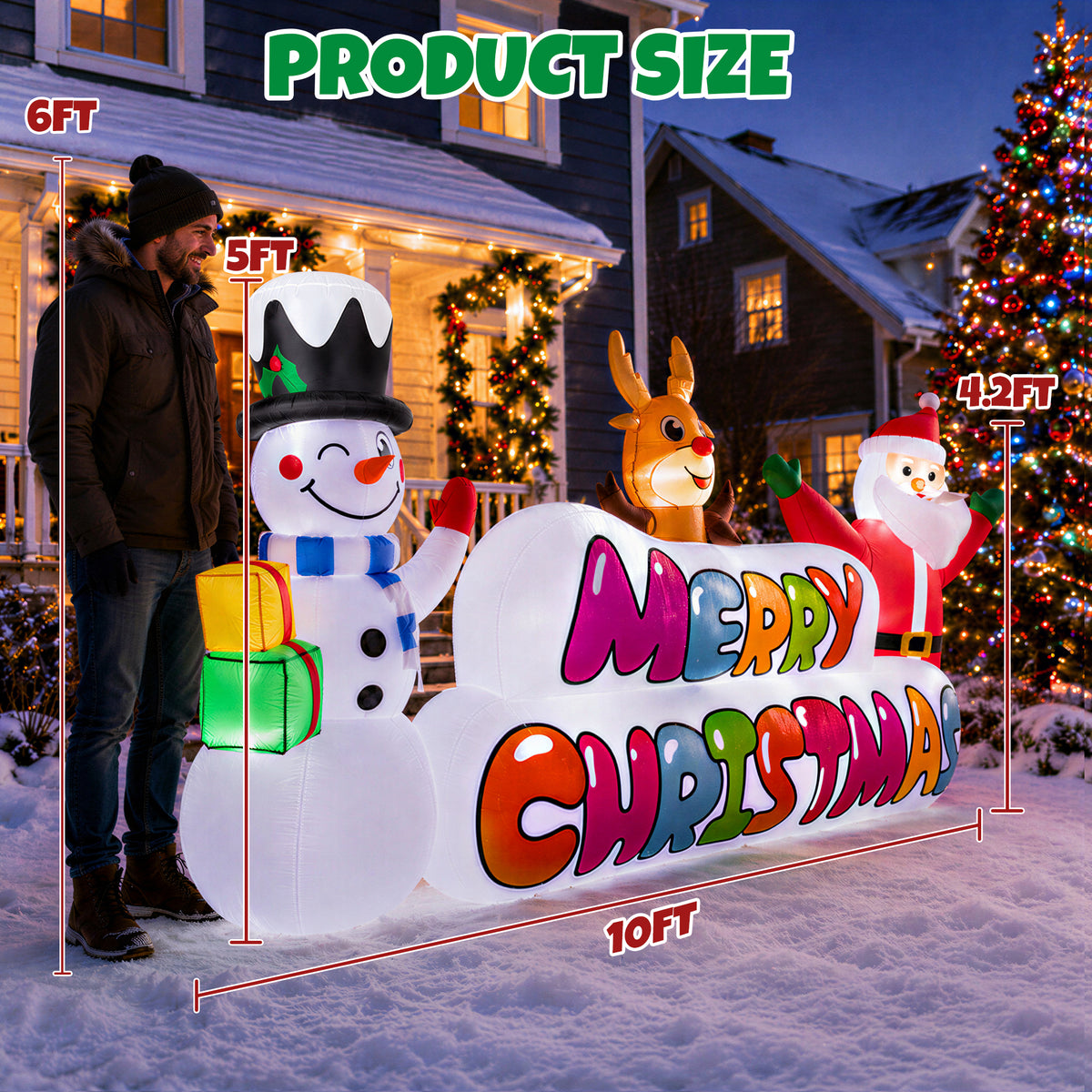 Goosiay 10FT Long Christmas Inflatable with Santa,Snowman and Reindeer,Giant Xmas Blow Up with Lighted Merry Christmas Sign for Outdoor Yard,Lawn,Garden Decor