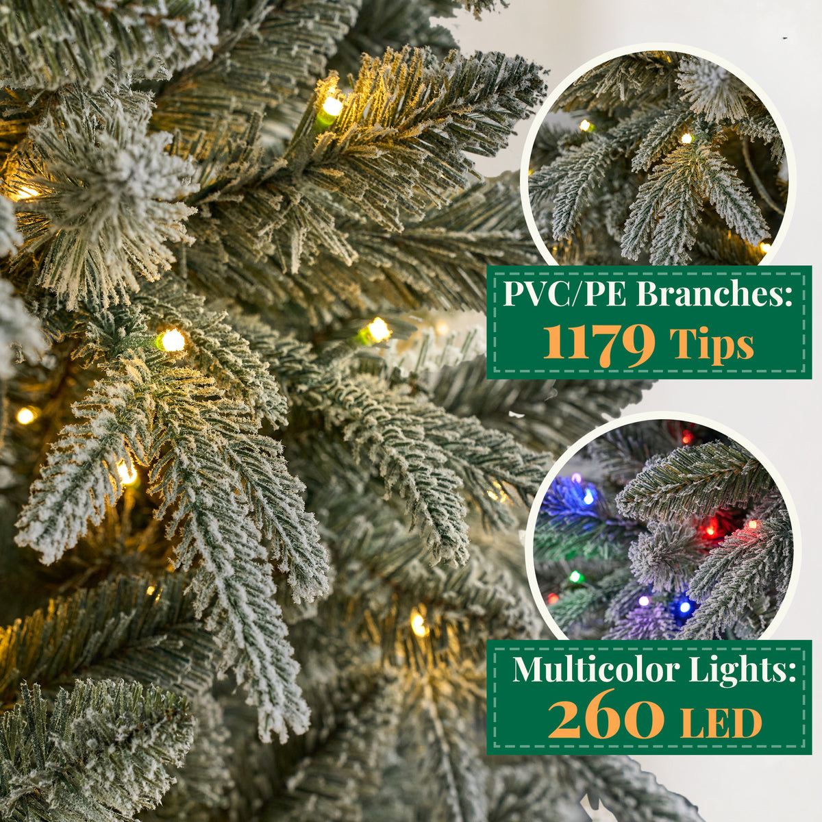 Goosiay 7 ft Pre-Lit Frosted Slim Aspen Fir Christmas Tree, PE & PVC Branches, 260 Warm White & Multicolor Lights, 10 Light Modes, 1179 Branch Tips