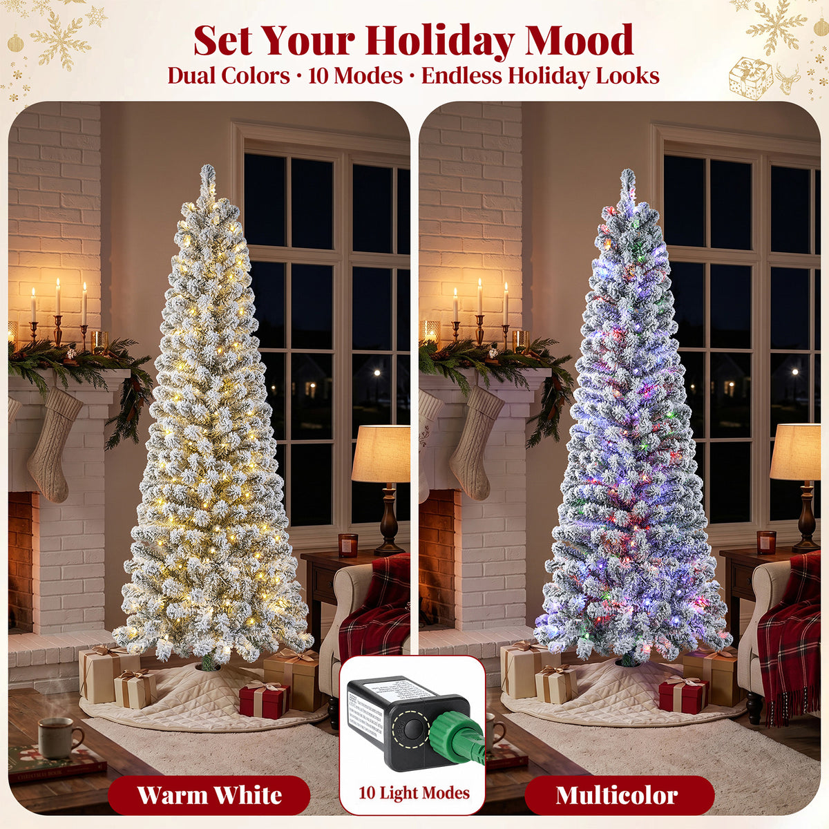 Goosiay 6ft Snow Flocked Pencil Christmas Tree, Pre-Lit Artificial Christmas Tree with 500 Tips, 250 Warm White & Multicolor Lights, 10 Modes, Slim Xmas Tree with Stand