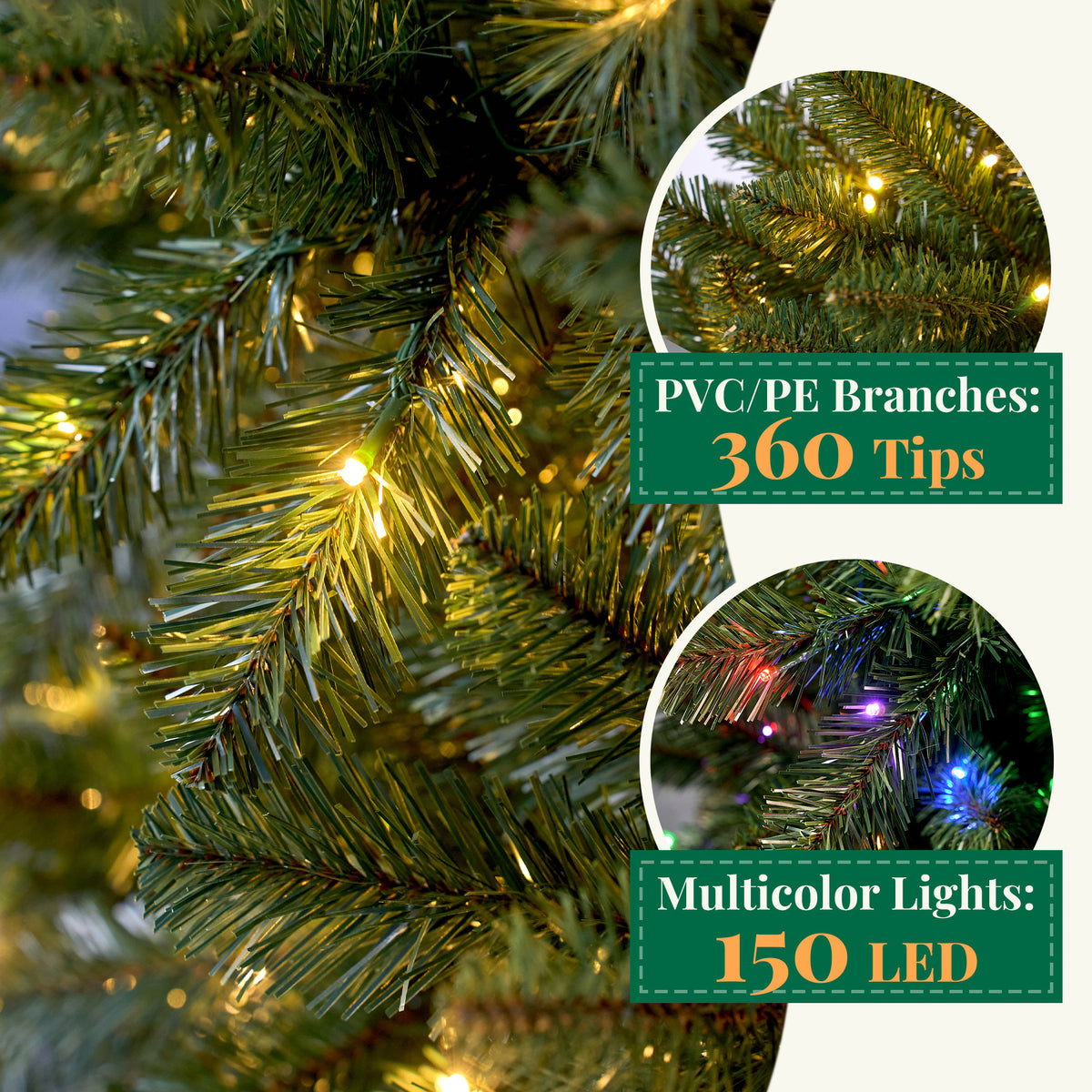 Goosiay Pre-Lit Artificial Christmas Tree, 4ft, 150 Warm White & Multi-Colored 10 Modes LED Lights, Metal Stand, 360 Branch Tips, Green