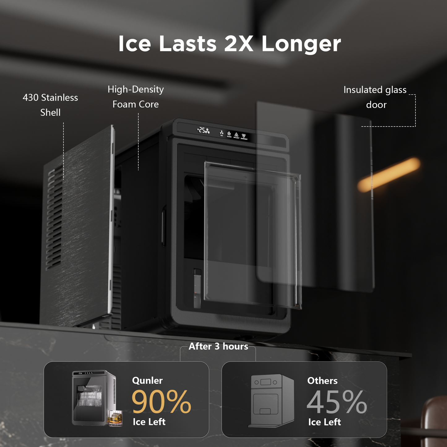 Goosiay Slow-Melting 1.6" Clear Ice Cube Maker Countertop, 3 Pcs in 25 Mins, 172/Day, 21 Ice Storage, Large Solid Cube Ice Machine, Self-Cleaning, 24H Timer for Whiskey, Home Bar, Stainless Steel