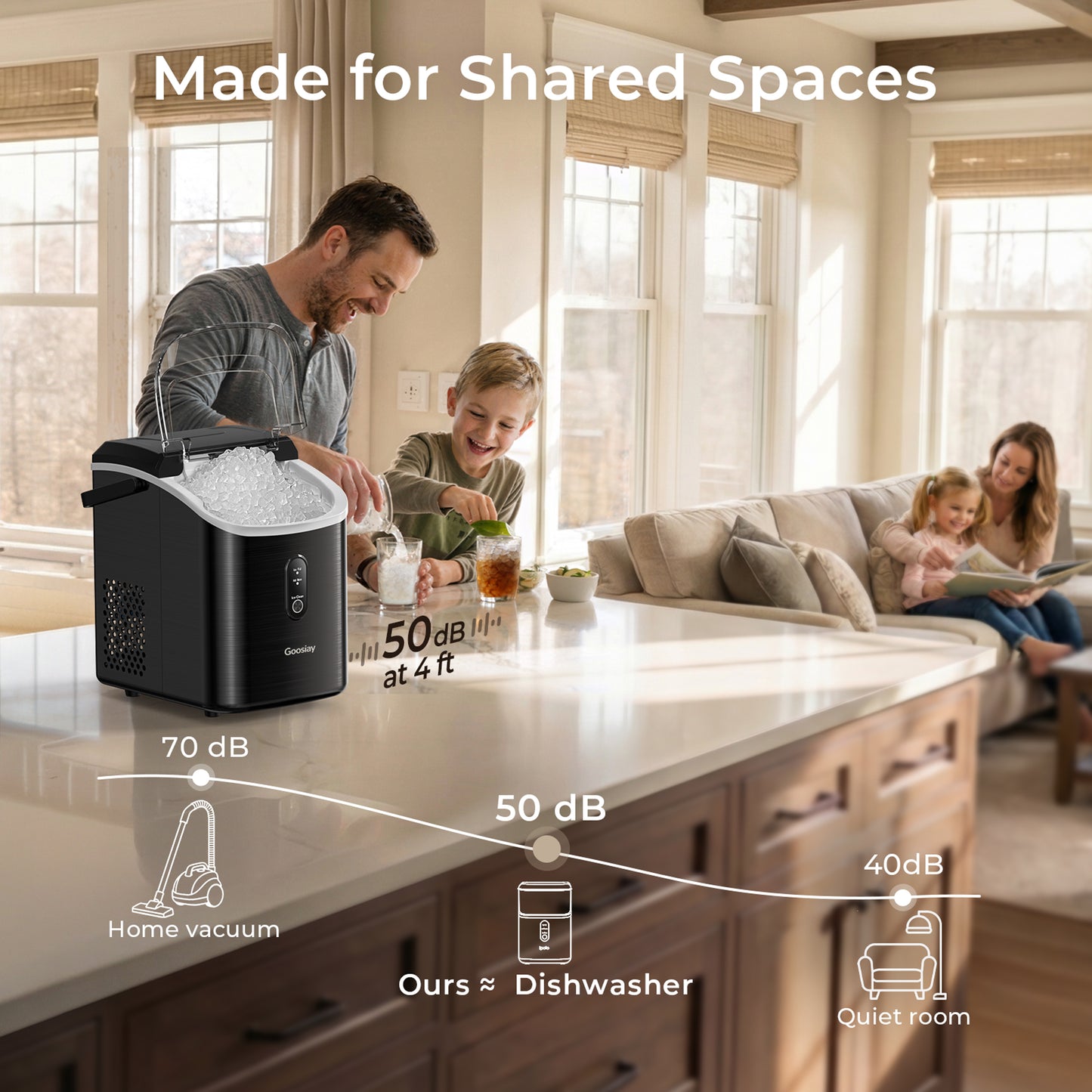 Goosiay 33lb Nugget Ice Maker Countertop, Portable Pebble Ice Machine with Handle, Soft Chewable Pellet, Stainless Steel Black
