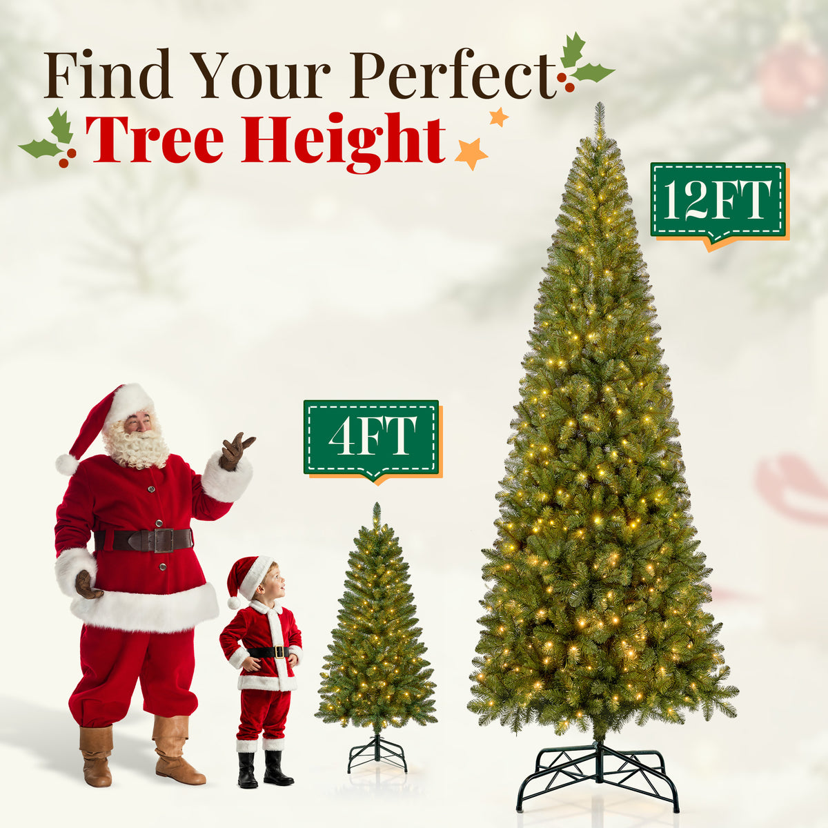 Goosiay 12 ft Pre-Lit Christmas Tree, PVC Slim Artificial Tree with 700 Warm White & Multicolor 10-Function Lights, 2740 Branch Tips,Green