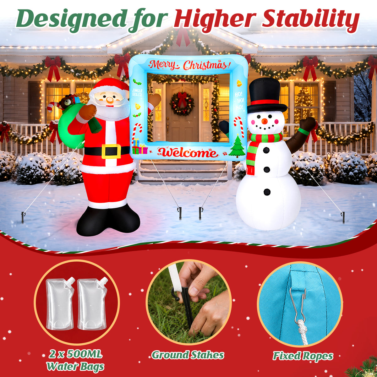 10FT Christmas Inflatable, Blow up Christmas Outdoor Decoration Selfie Picture Frame with Santa & Snowman, Pre-Lit Holiday Welcome Photo Booth Prop for Yard Family Party