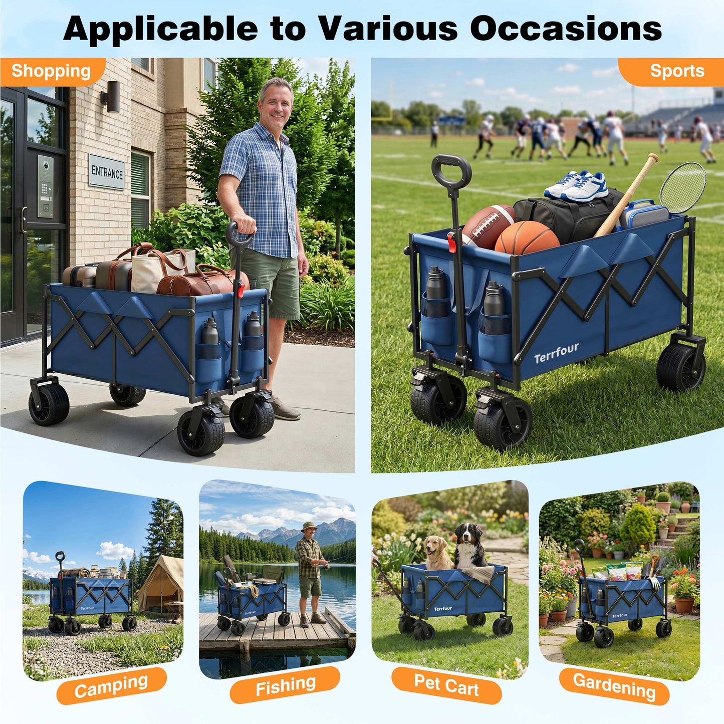 Terrfour Collapsible Wagon Cart with Tank Wheels, 580LBS Heavy Duty Folding Beach Wagon for Camping Garden Sports Shopping, Navy Blue