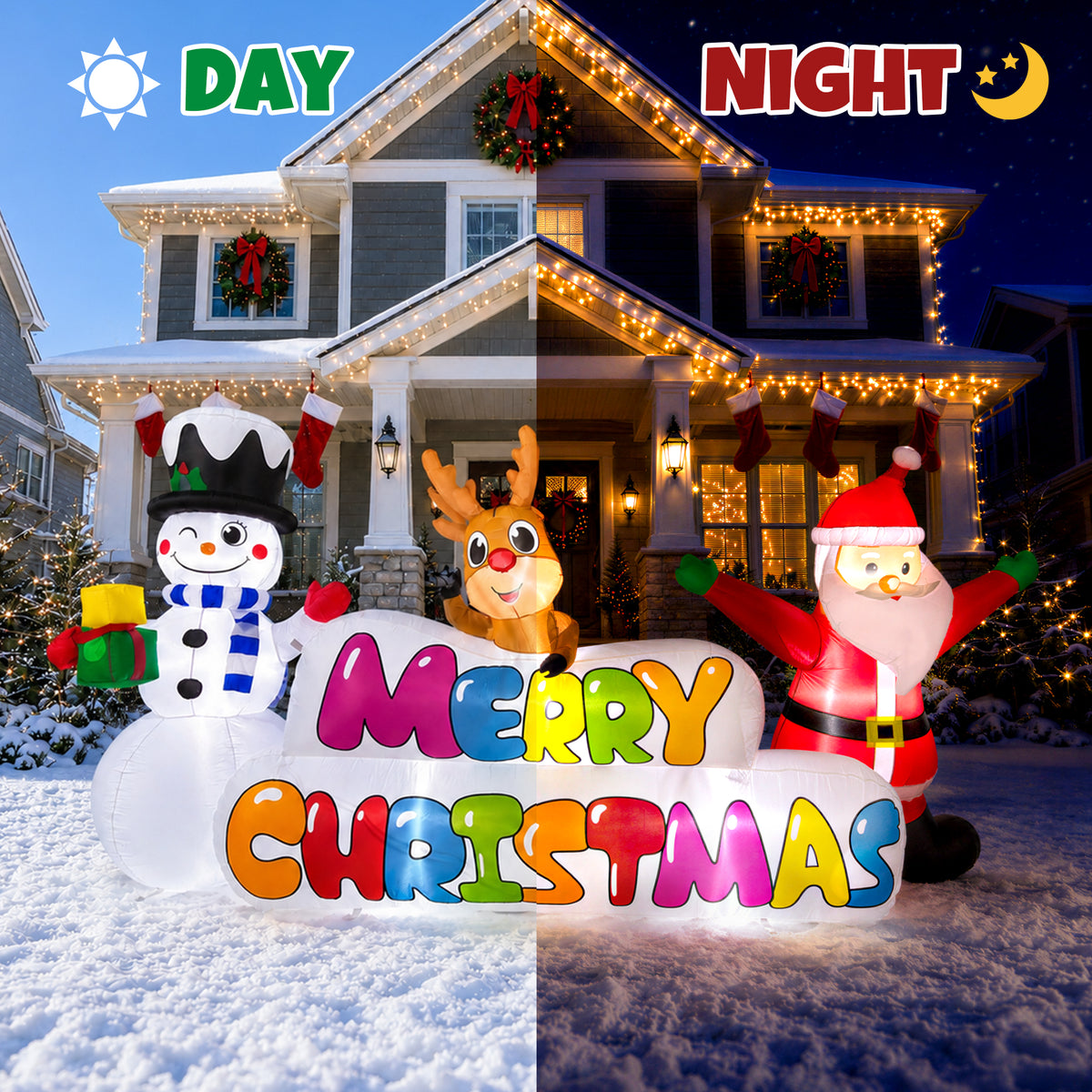 Goosiay 10FT Long Christmas Inflatable with Santa,Snowman and Reindeer,Giant Xmas Blow Up with Lighted Merry Christmas Sign for Outdoor Yard,Lawn,Garden Decor