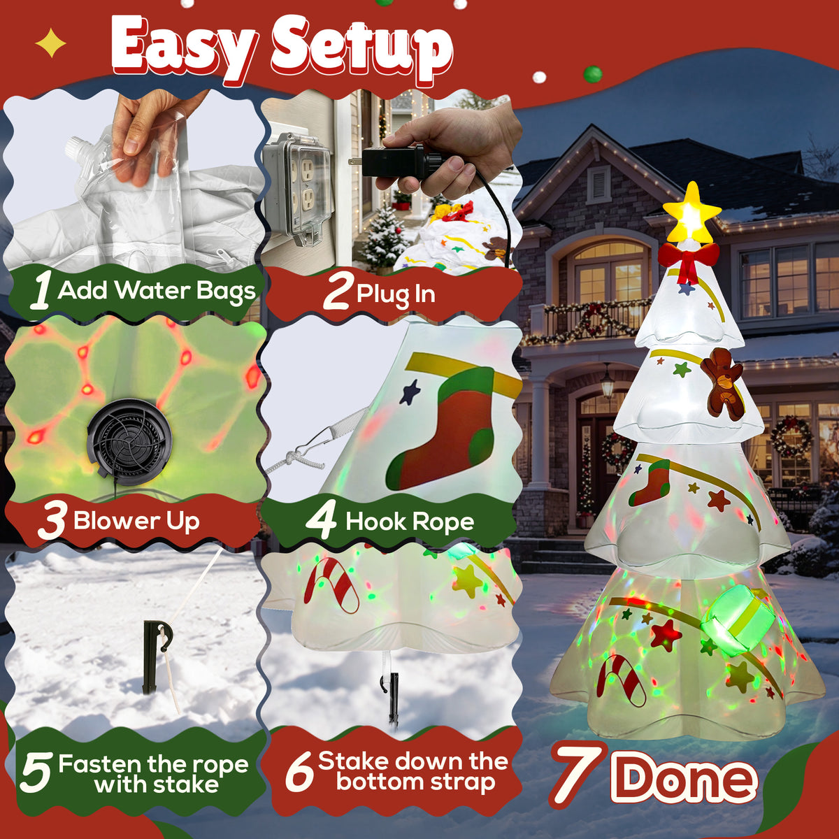 Goosiay 9 ft White Christmas Inflatable Tree with LED & Multicolor Lights, Outdoor Christmas Yard Decoration for Lawn, Garden and Porch