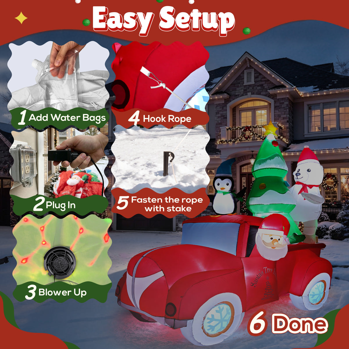 Goosiay 8 ft Outdoor Christmas Inflatable with Santa, Penguin, Polar Bear and Red Car, Built-in LED Lights for Yard, Lawn and Garden