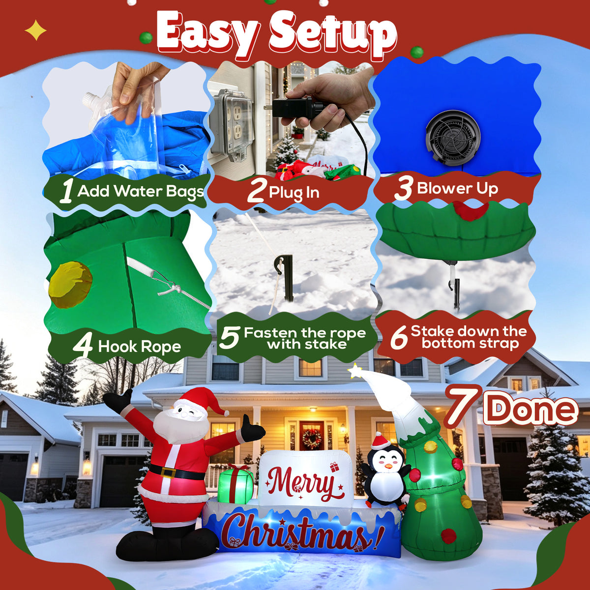 Goosiay 12 ft Christmas Inflatable Outdoor Decoration with Santa Claus, Penguin, Holiday Tree & Merry Christmas Sign, 10 LED Lights for Yard