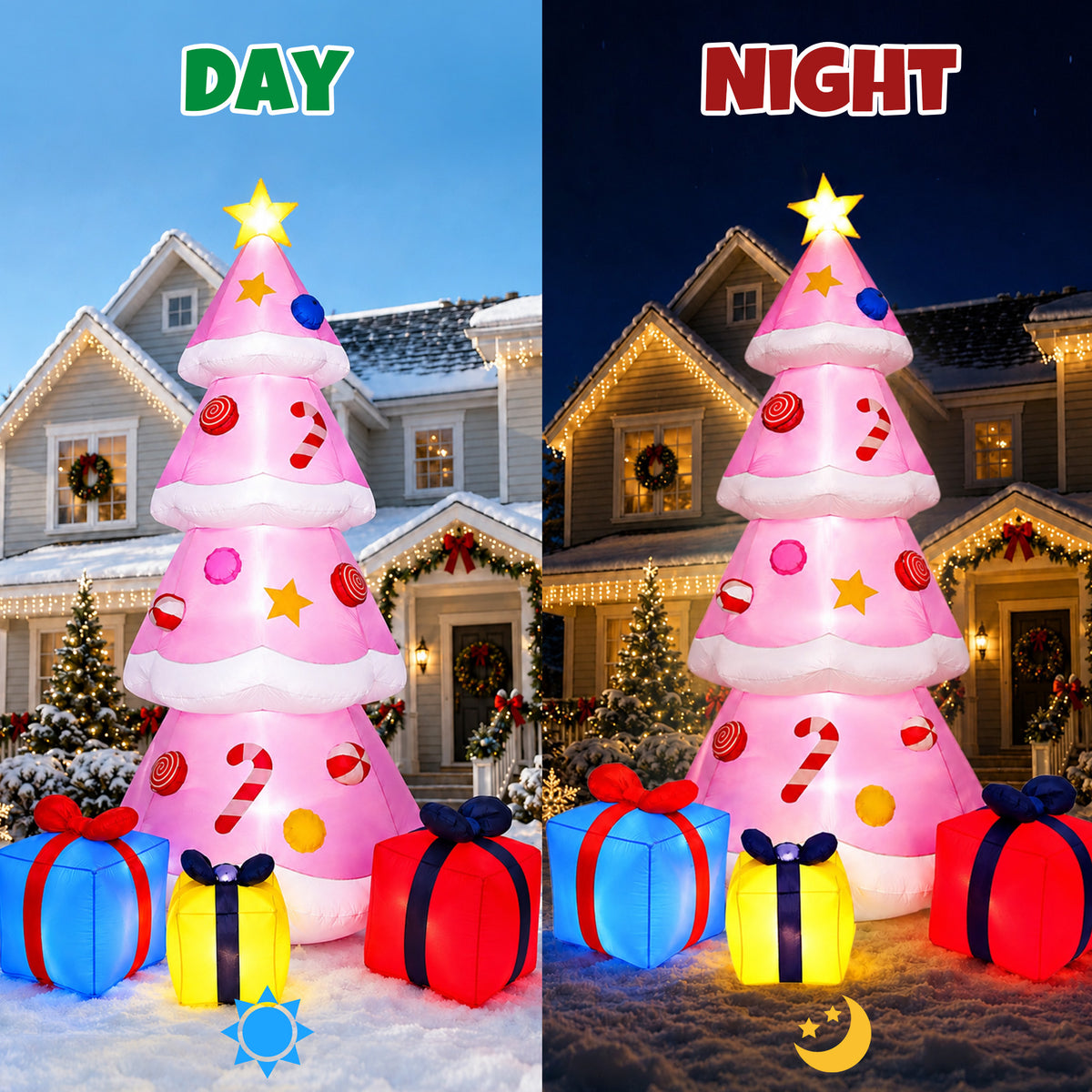 Goosiay 9ft Tall Pink Christmas Inflatables Tree with LED Lights and Gift Boxes, Outdoor Yard Decor