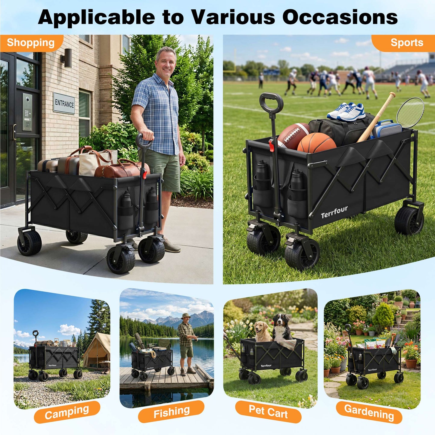 Terrfour Collapsible Wagon Cart with Tank Wheels, 580LBS Heavy Duty Folding Beach Wagon with Side Pocket for Camping Garden Sports Shopping, Black