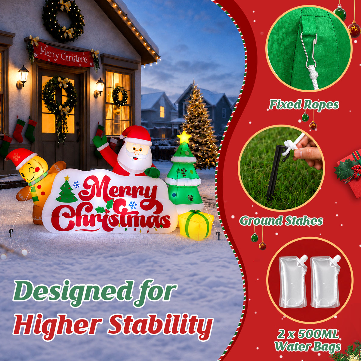 10ft Christmas Inflatables Outdoor Decorations, Merry Christmas Sign with Santa Gingerbread Christmas Tree, Built-in LEDs for Yard Lawn Garden