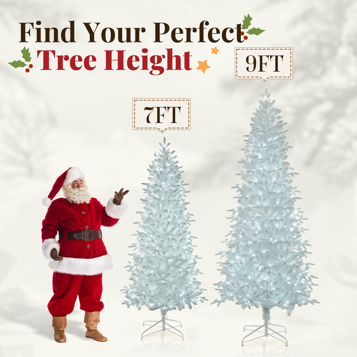 Goosiay 9 ft Pre-Lit White Flocked Slim Aspen Fir Artificial Christmas Tree with 450 Cool White Lights, 2045 Branch Tips, PE & PVC Branches