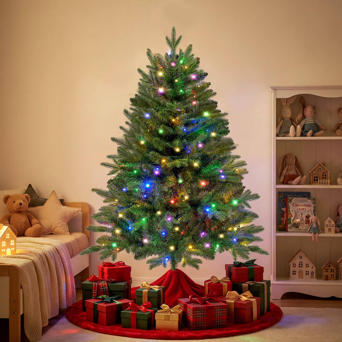 Christmas Tree, 4ft Pre-Lit Christmas Tree with 100 Warm White & Multicolor LED Lights, 465 PE & PVC Tips, Hinged Artificial Pine Tree for Small Spaces, Bedroom, Office, Entryway