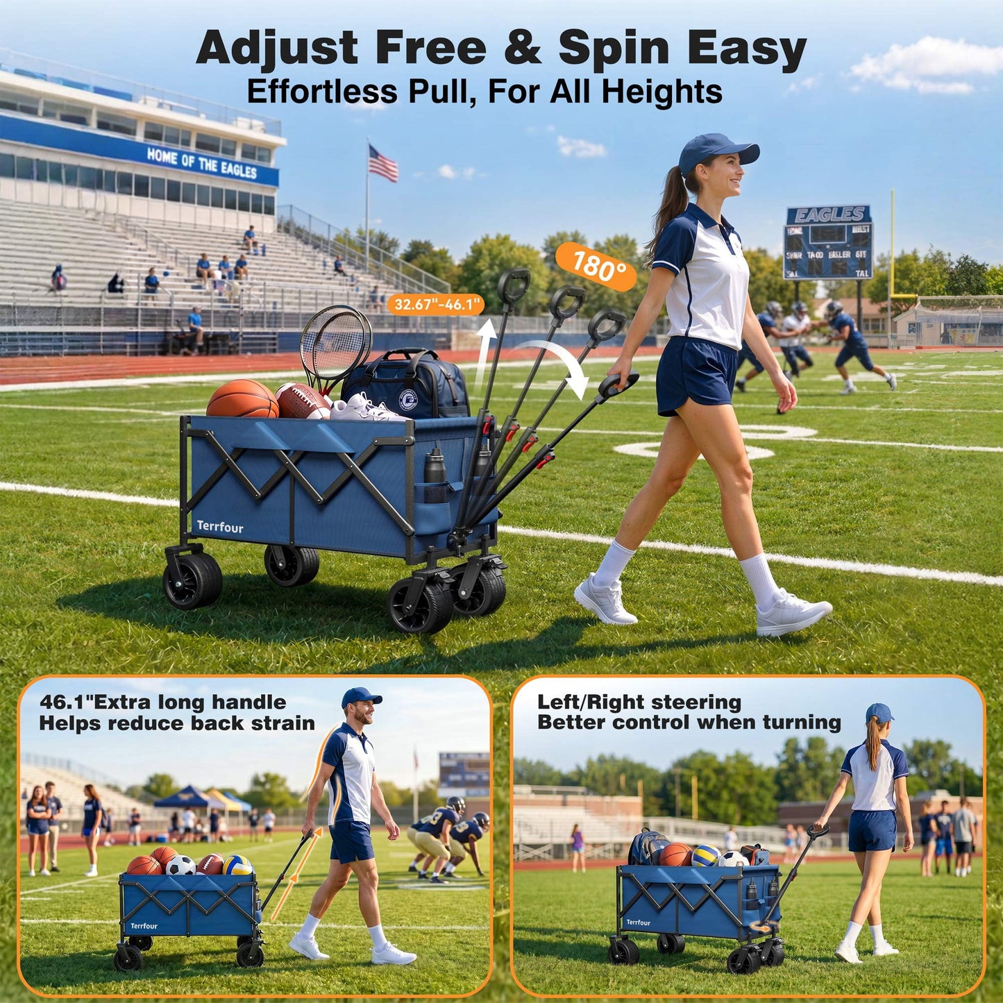 Goosiay Heavy Duty Collapsible Wagon Cart with Tank Wheels, 580lbs Folding Utility Wagon with Flexible Handle for Camping, Garden, Sports, Grocery & Shopping, Navy Blue