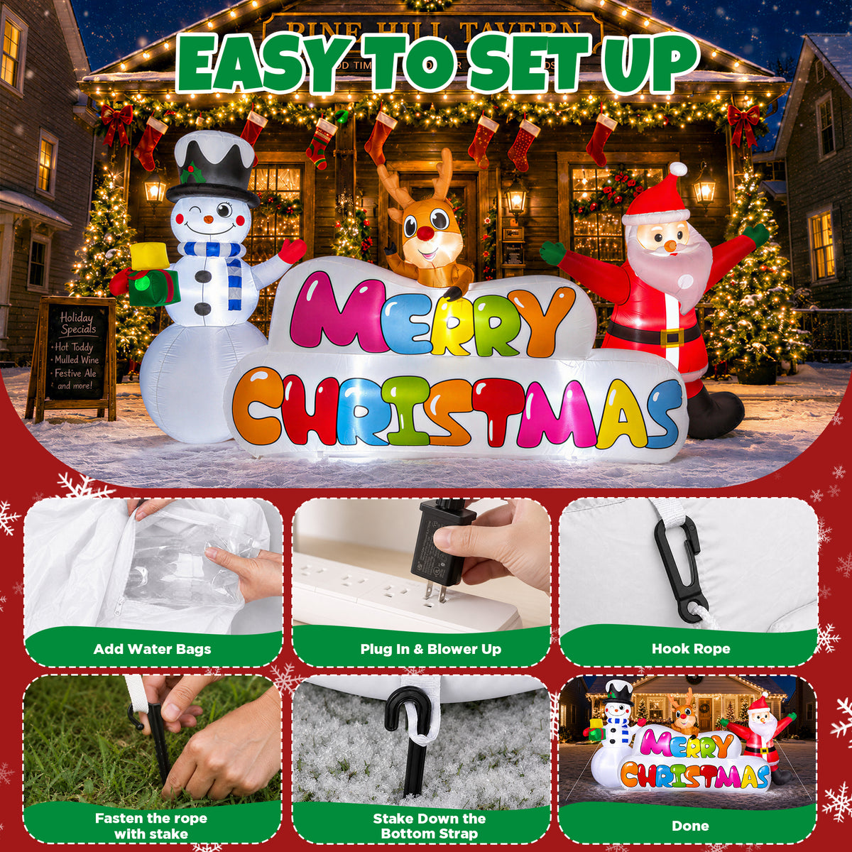 Goosiay 10FT Long Christmas Inflatable with Santa,Snowman and Reindeer,Giant Xmas Blow Up with Lighted Merry Christmas Sign for Outdoor Yard,Lawn,Garden Decor