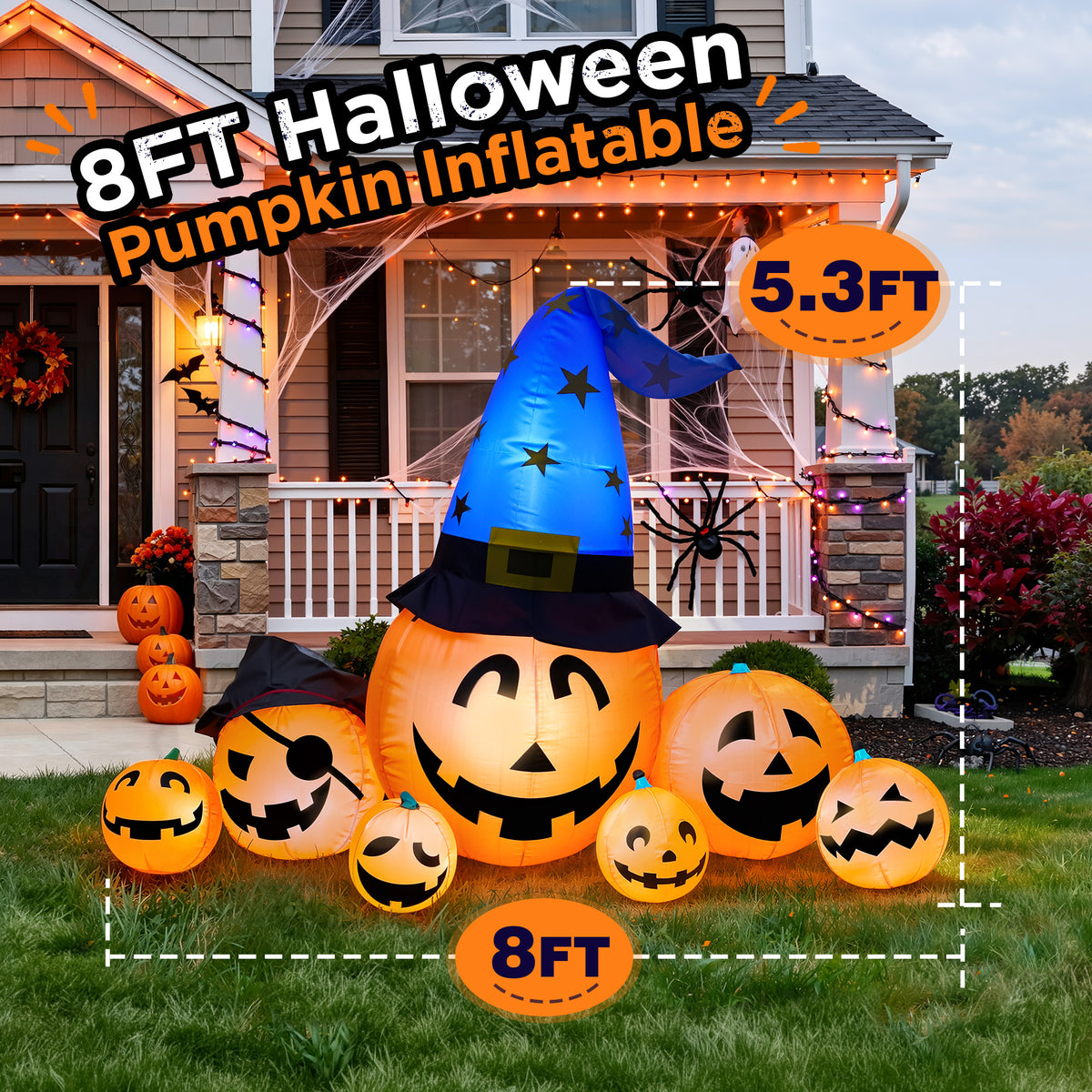 Goosiay 8.7ft Long Halloween Inflatable Pumpkin Decoration with Built-in LED Lights, Large Outdoor Blow-Up Yard Decor for Lawn, Garden, Porch, Haunted House and Halloween Party