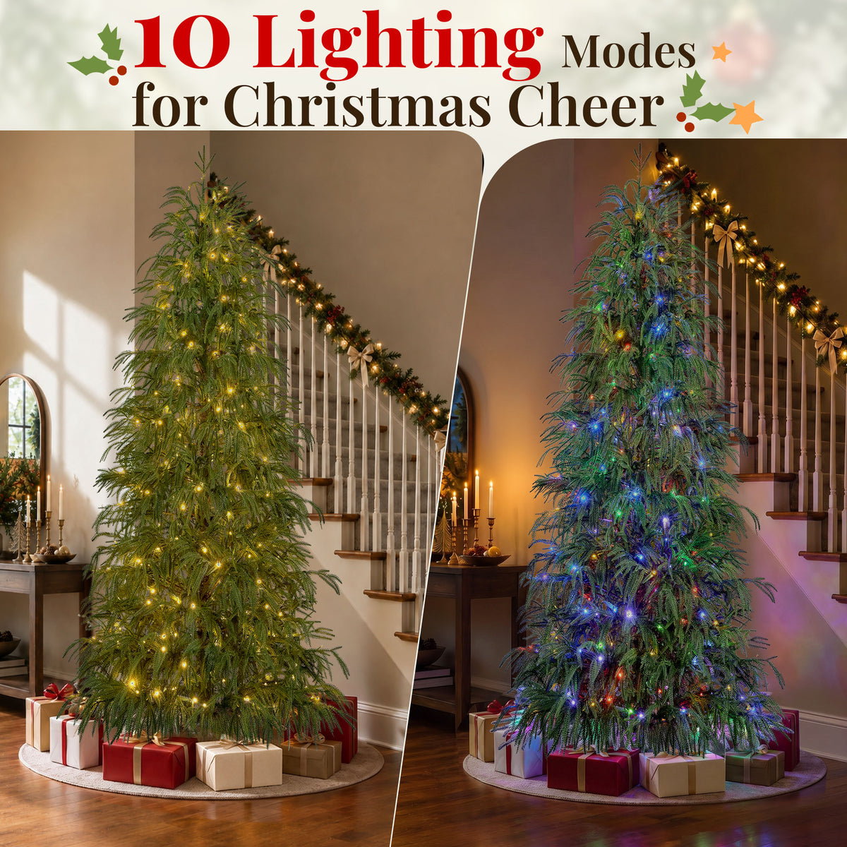 Goosiay 7 ft Pre-Lit Norfolk Pine Christmas Tree, PE Slim Artificial Tree with 300 Warm White & Multicolor 10-Function Lights, 6718 Branch Tips,Green