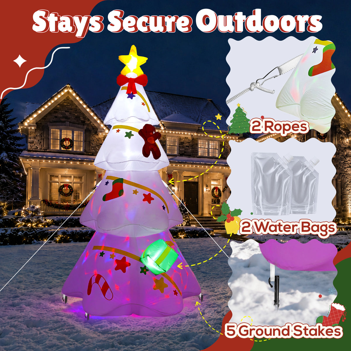 Goosiay 9 ft White Christmas Inflatable Tree with LED & Multicolor Lights, Outdoor Christmas Yard Decoration for Lawn, Garden and Porch
