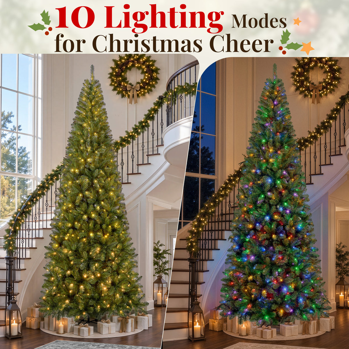 Goosiay 12 ft Pre-Lit Christmas Tree, PVC Slim Artificial Tree with 700 Warm White & Multicolor 10-Function Lights, 2740 Branch Tips,Green
