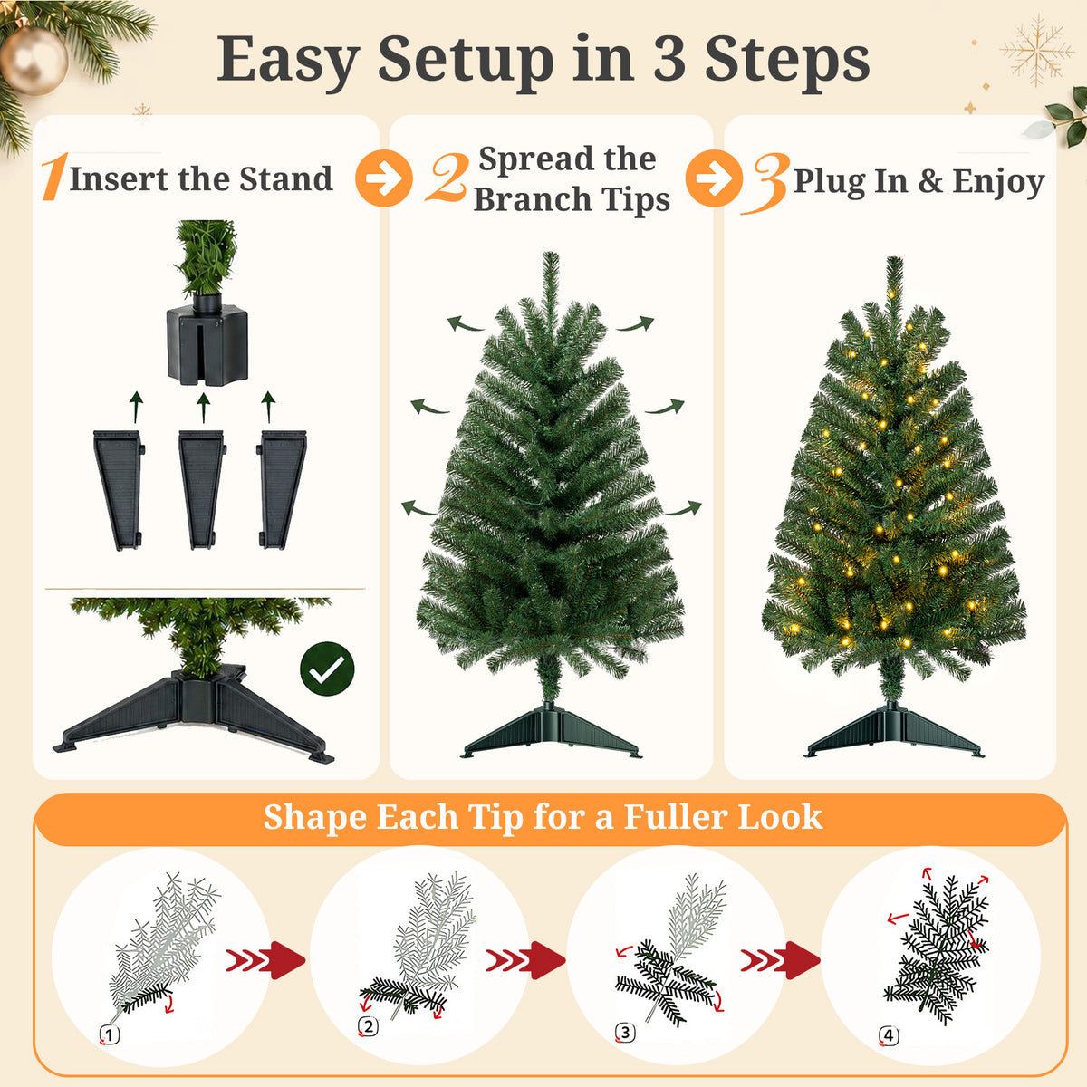3ft Pre-Lit Christmas Tree with Warm White LED Lights, Small Green Xmas Tree for Indoor Living Room, Bedroom Holiday Decor