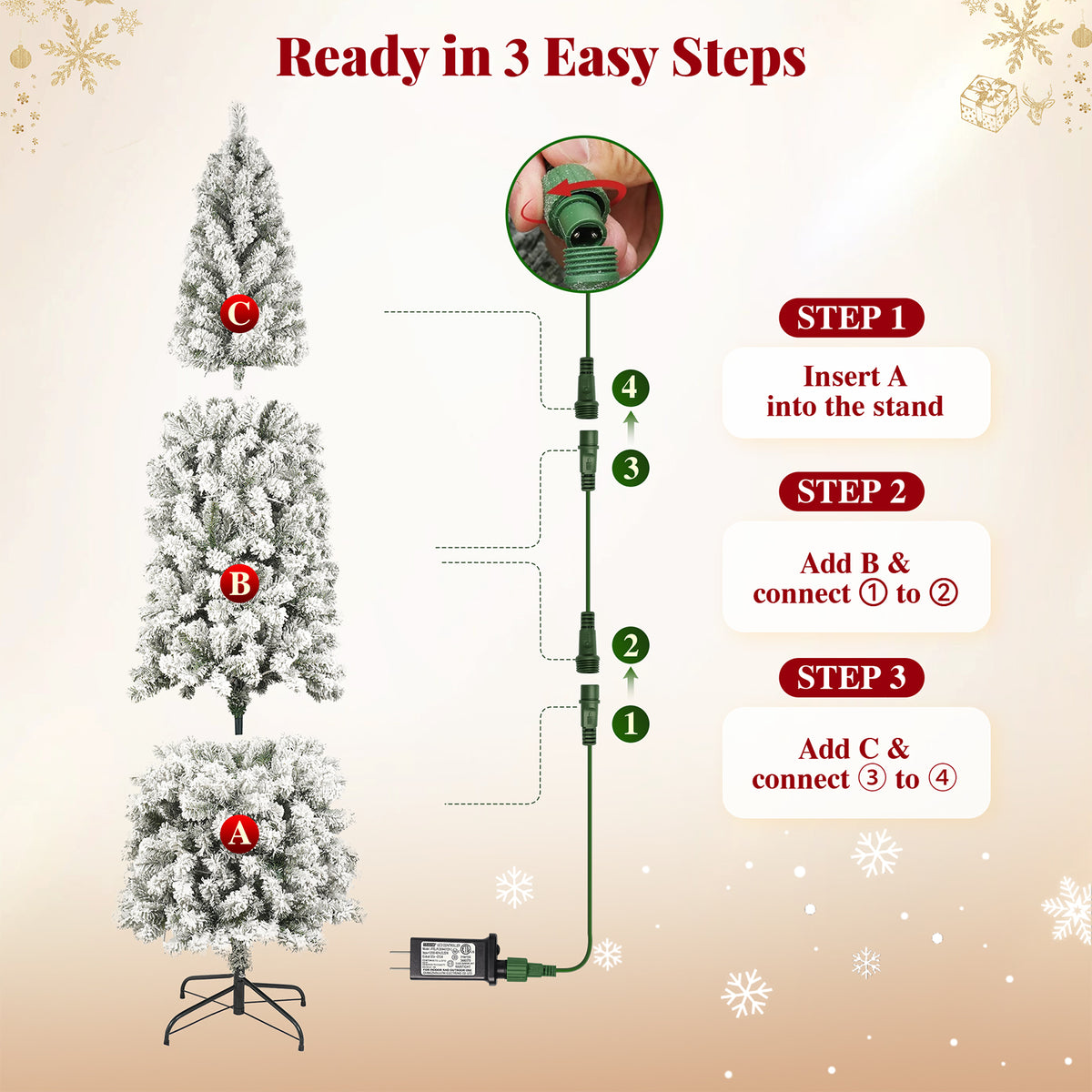Goosiay 6ft Snow Flocked Pencil Christmas Tree, Pre-Lit Artificial Christmas Tree with 500 Tips, 250 Warm White & Multicolor Lights, 10 Modes, Slim Xmas Tree with Stand