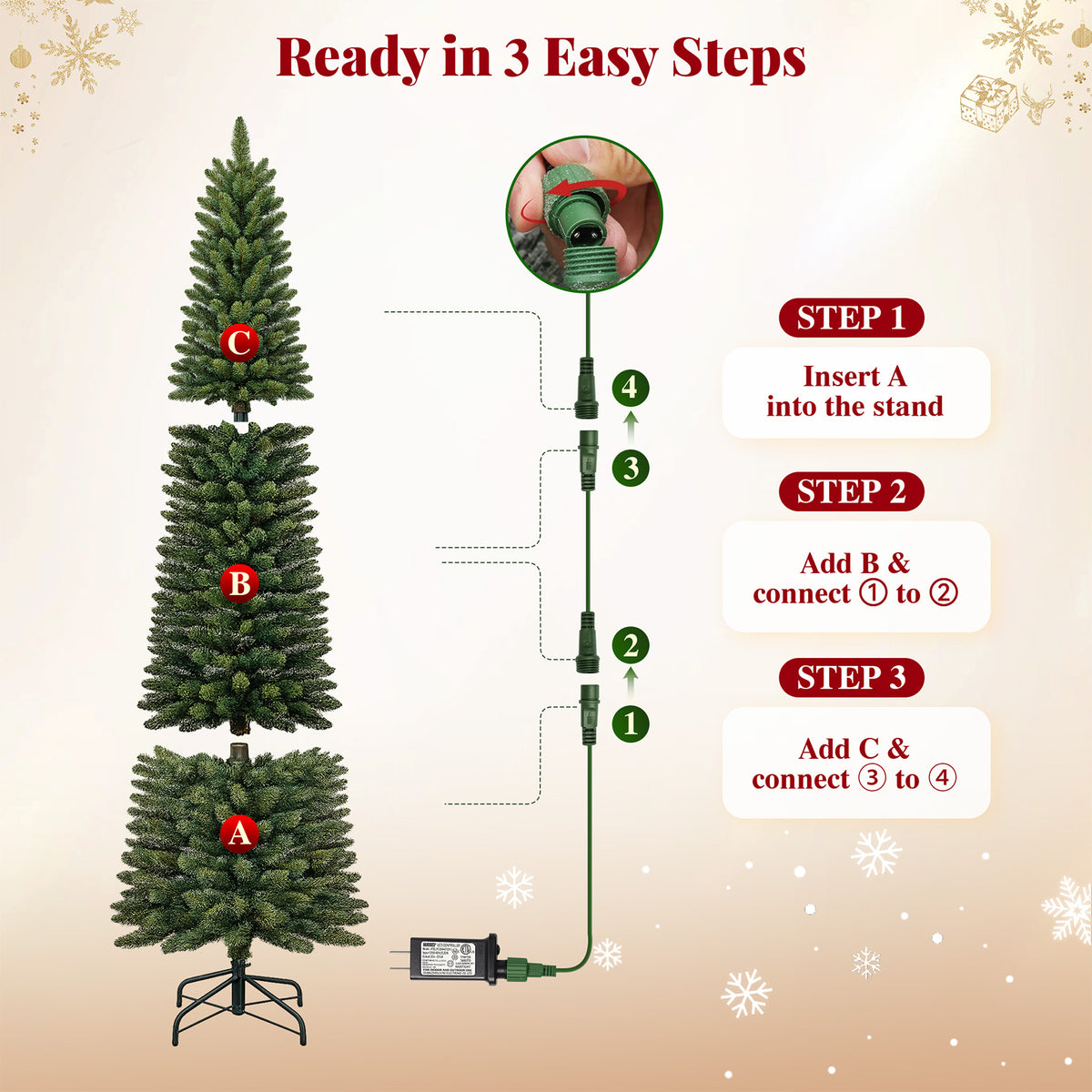 Goosiay Pre-Lit Pencil Artificial Christmas Tree, 7ft Xmas Tree with Metal Stand for Christmas Decoration, Green