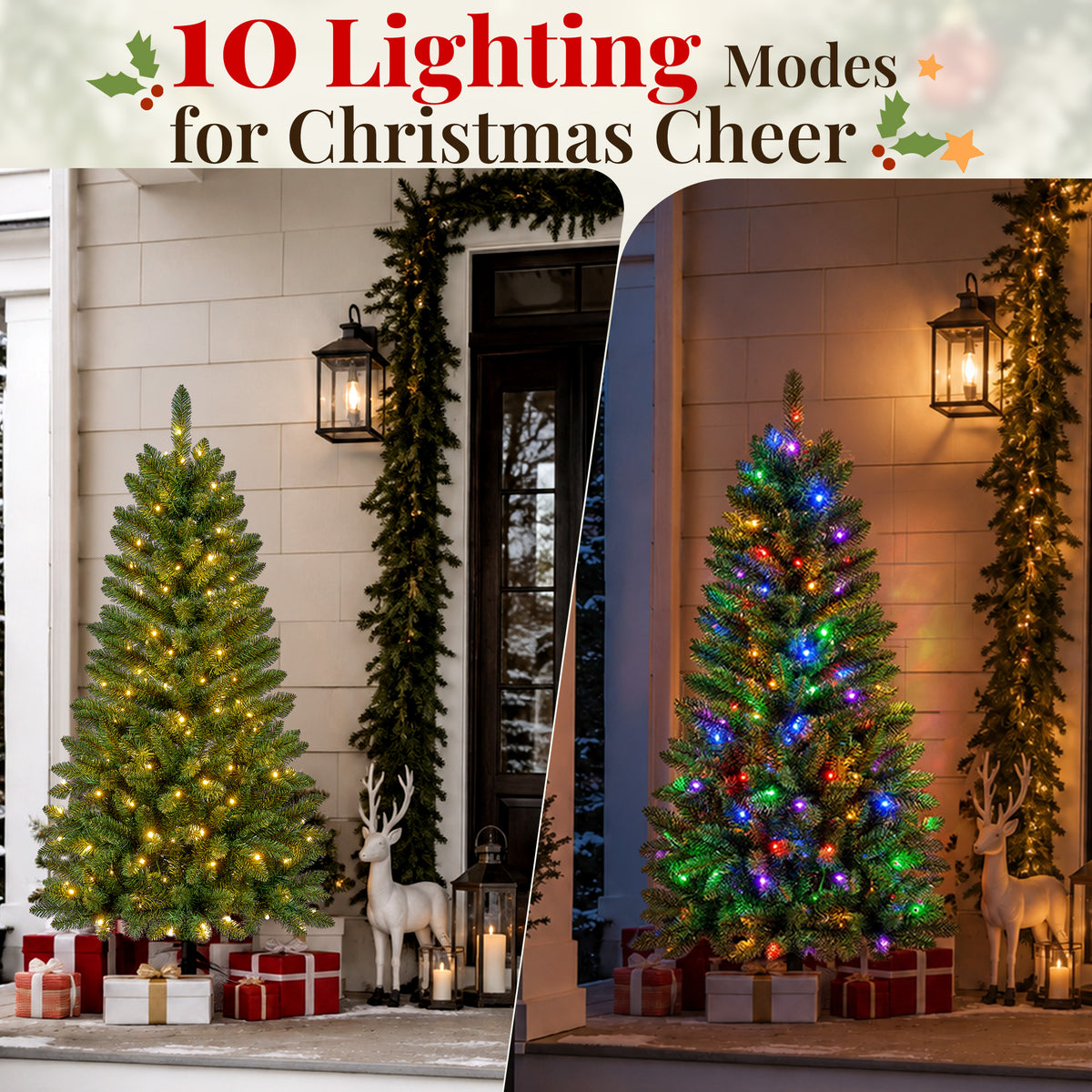 Goosiay Pre-Lit Artificial Christmas Tree, 4ft, 150 Warm White & Multi-Colored 10 Modes LED Lights, Metal Stand, 360 Branch Tips, Green