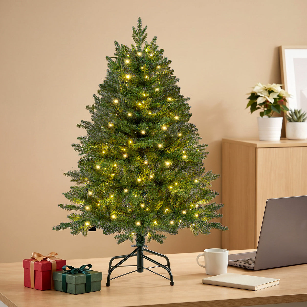 Christmas Tree, 4ft Pre-Lit Christmas Tree with 100 Warm White & Multicolor LED Lights, 465 PE & PVC Tips, Hinged Artificial Pine Tree for Small Spaces, Bedroom, Office, Entryway