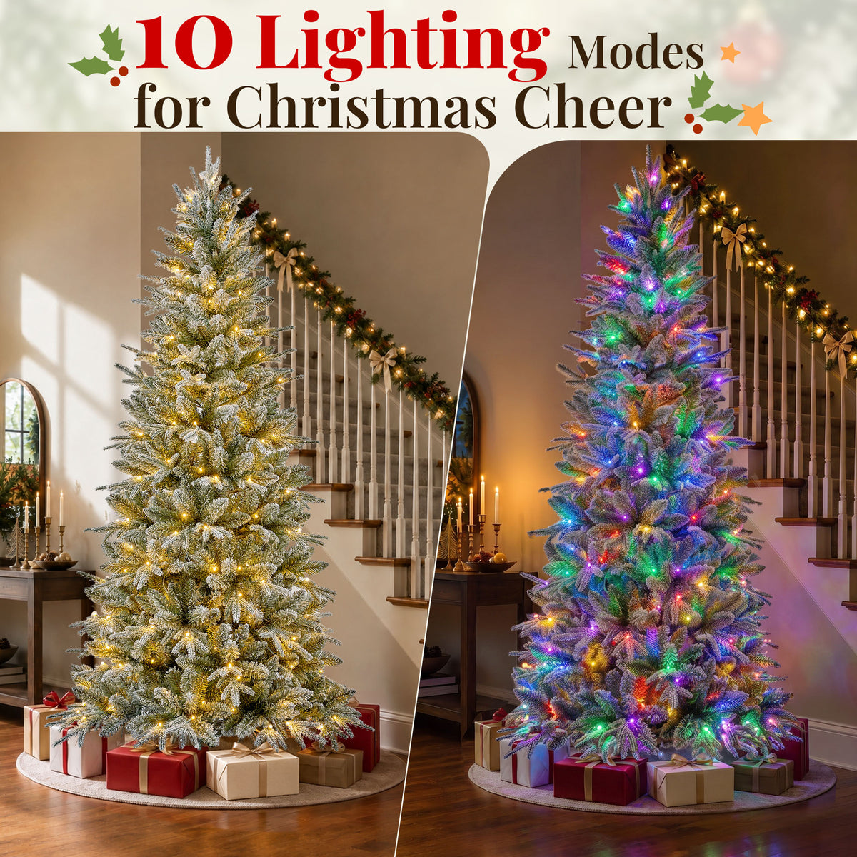 Goosiay 7 ft Pre-Lit Frosted Slim Aspen Fir Christmas Tree, PE & PVC Branches, 260 Warm White & Multicolor Lights, 10 Light Modes, 1179 Branch Tips