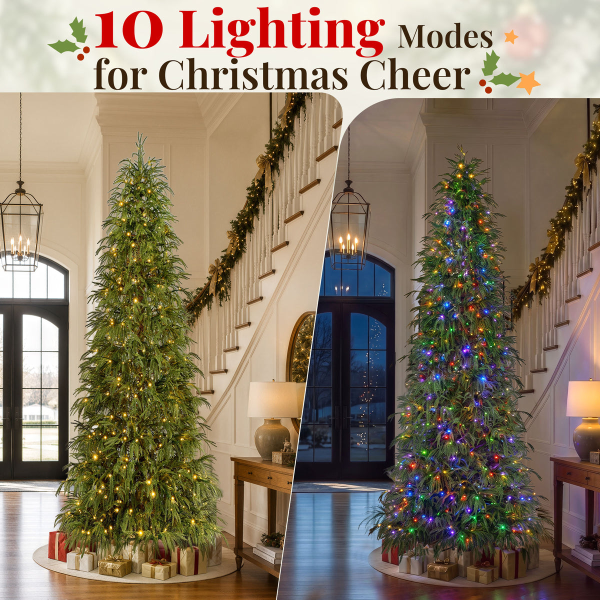 Goosiay 9 ft Pre-Lit Norfolk Pine Christmas Tree, PE Slim Artificial Tree with 480 Warm White & Multicolor 10-Function Lights, 8488 Branch Tips, Green