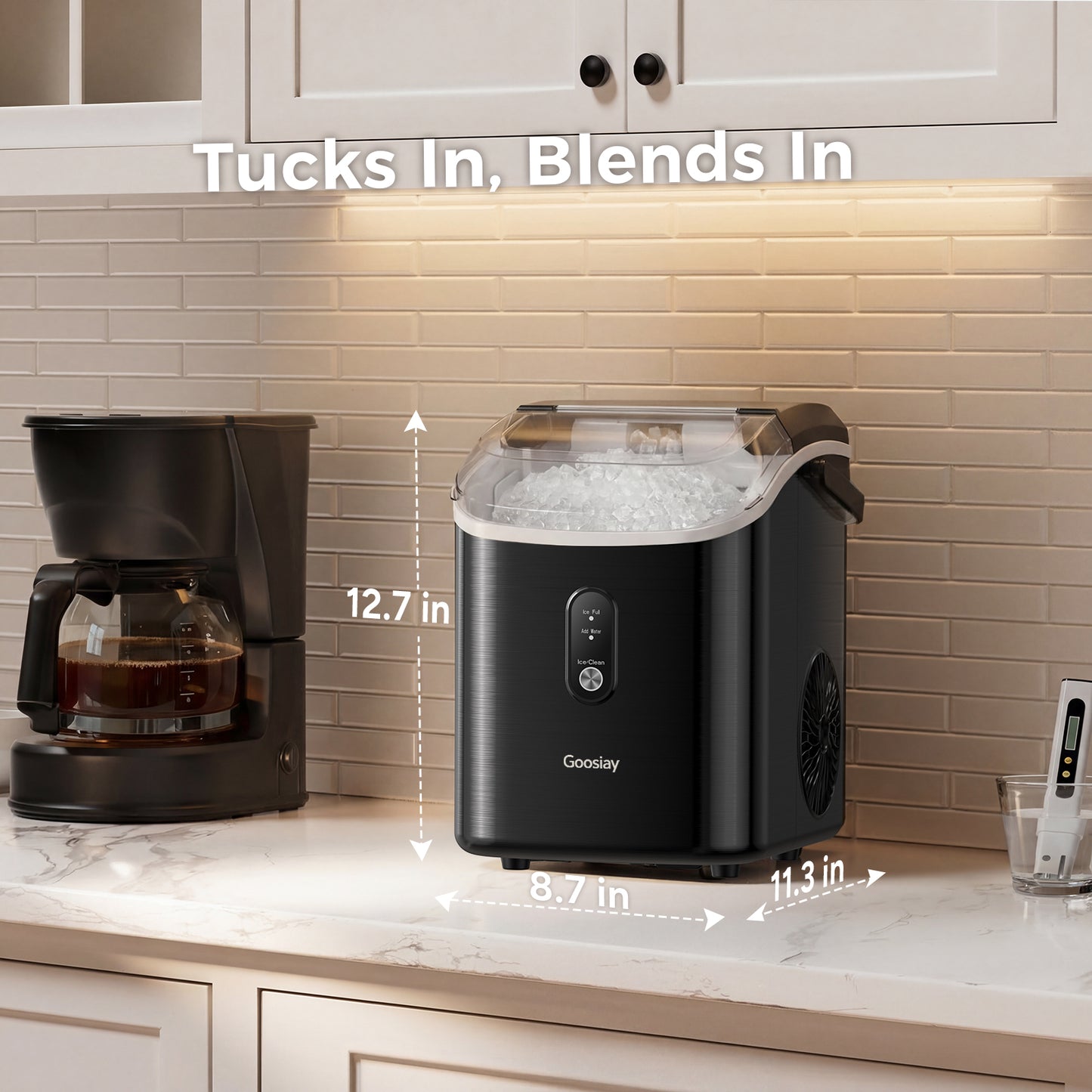 Goosiay 33lb Nugget Ice Maker Countertop, Portable Pebble Ice Machine with Handle, Soft Chewable Pellet, Stainless Steel Black