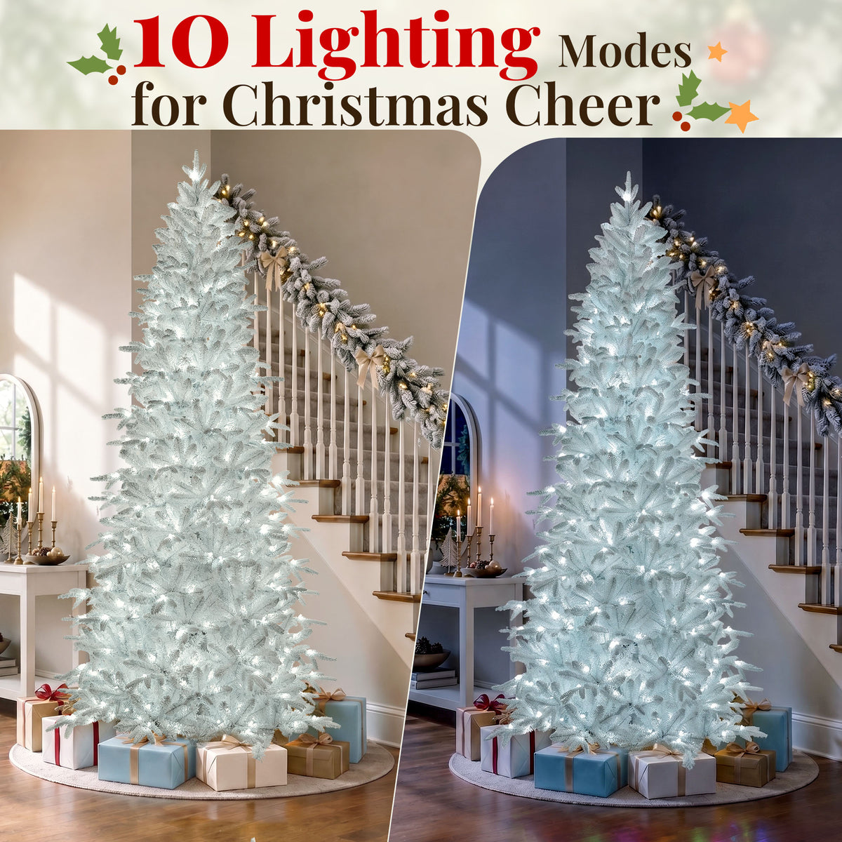 Goosiay 7 ft Pre-Lit White Flocked Slim Aspen Fir Artificial Christmas Tree with 280 Cool White Lights, 1060 Branch Tips, PE & PVC Branches