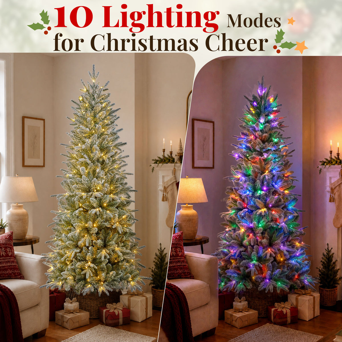 Goosiay 6 ft Pre-Lit Frosted Slim Aspen Fir Artificial Christmas Tree, PE & PVC Branches, 200 Warm White & Multicolor Lights, 10 Light Modes, 853 Branch Tips