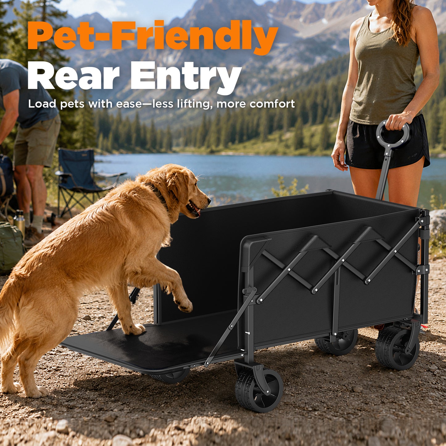 Terrfour 430lb Heavy Duty Collapsible Folding Wagon Cart with Extended Tailgate and All-Terrain Wheels for Camping, Garden, Outdoor, Black
