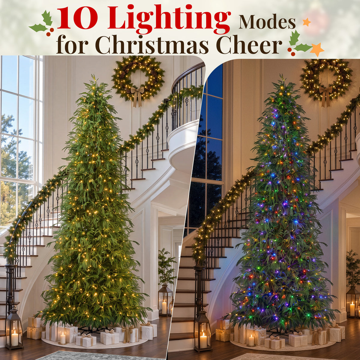 Goosiay 12 ft Pre-Lit Norfolk Pine Christmas Tree, PE Slim Artificial Tree with 800 Warm White & Multicolor 10-Function Lights, 15504 Branch Tips, Green