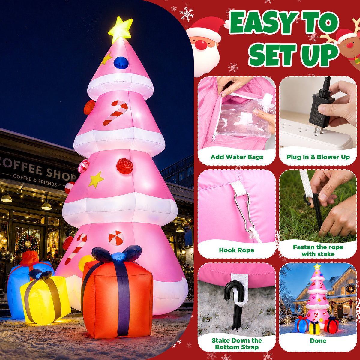 Goosiay 9ft Tall Pink Christmas Inflatables Tree with LED Lights and Gift Boxes, Outdoor Yard Decor