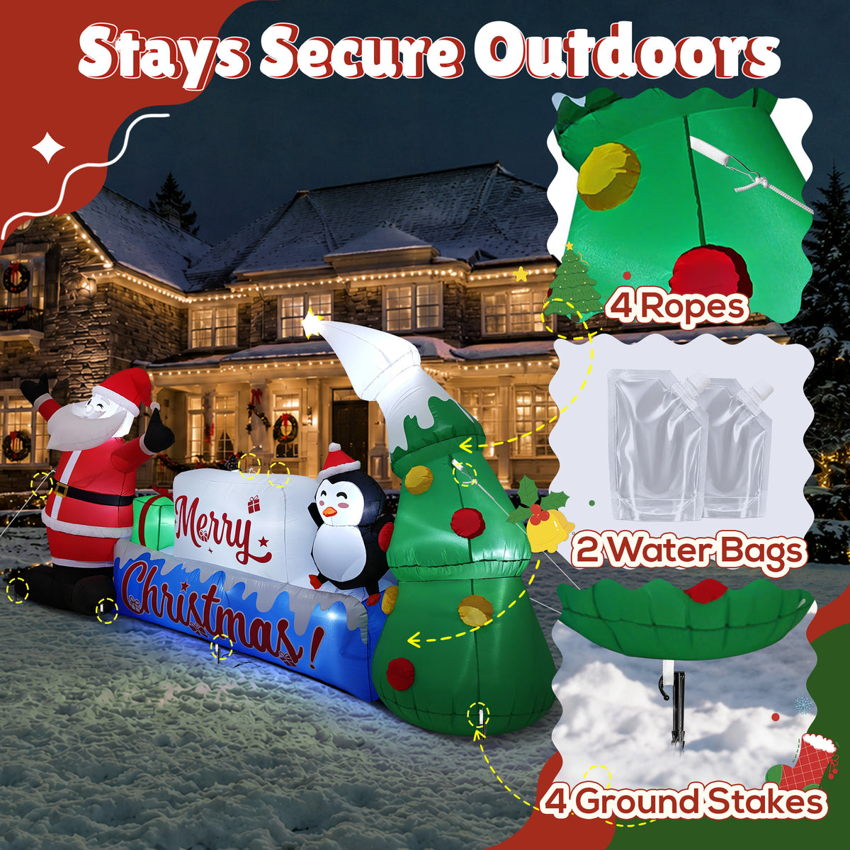 Goosiay 12 ft Christmas Inflatable Outdoor Decoration with Santa Claus, Penguin, Holiday Tree & Merry Christmas Sign, 10 LED Lights for Yard