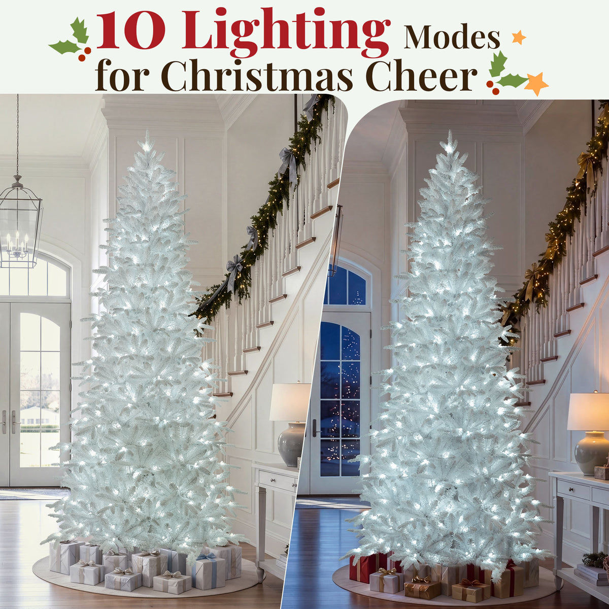Goosiay 9 ft Pre-Lit White Flocked Slim Aspen Fir Artificial Christmas Tree with 450 Cool White Lights, 2045 Branch Tips, PE & PVC Branches