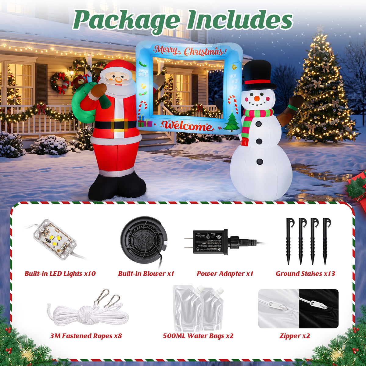 10FT Christmas Inflatable, Blow up Christmas Outdoor Decoration Selfie Picture Frame with Santa & Snowman, Pre-Lit Holiday Welcome Photo Booth Prop for Yard Family Party
