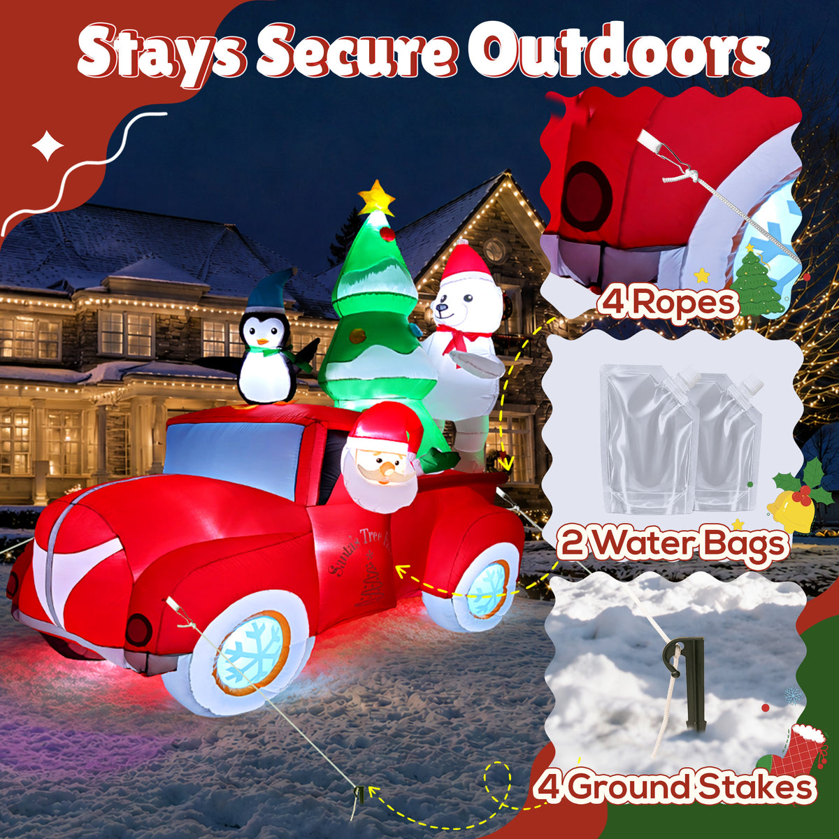 Goosiay 8 ft Outdoor Christmas Inflatable with Santa, Penguin, Polar Bear and Red Car, Built-in LED Lights for Yard, Lawn and Garden