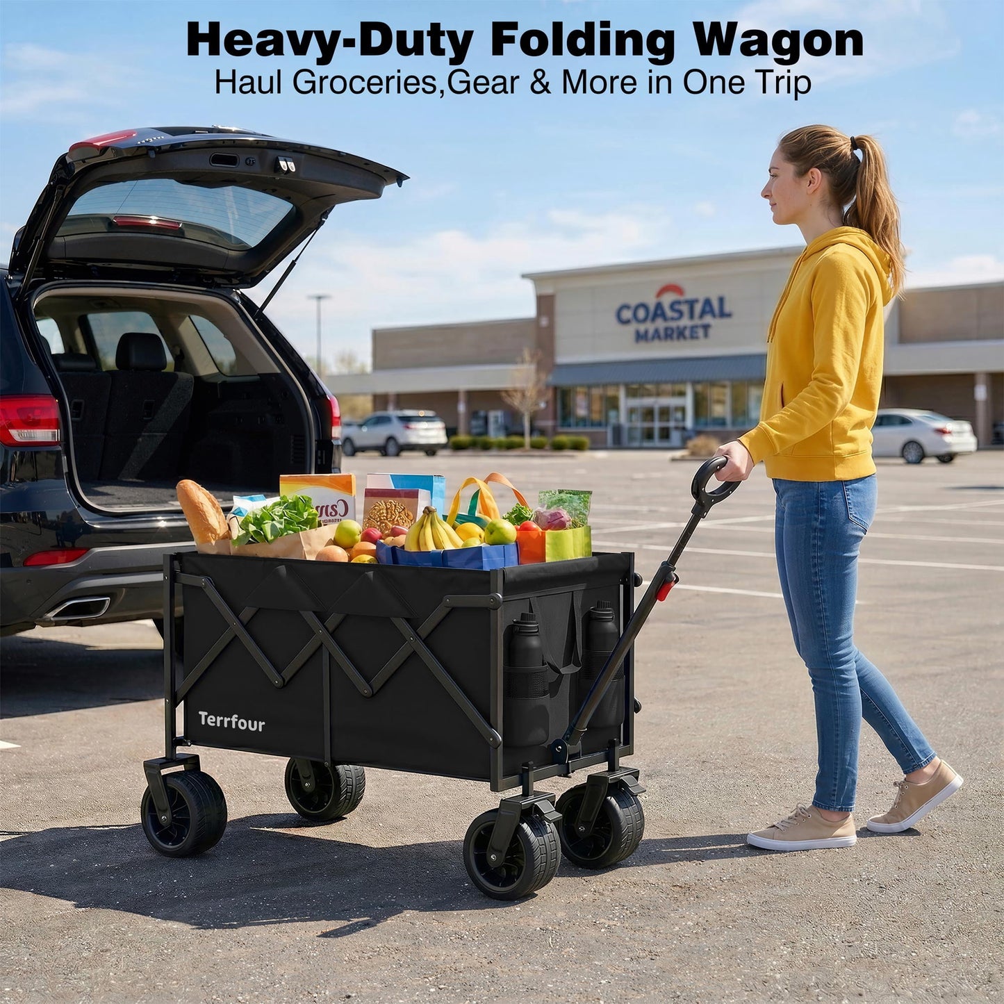 Goosiay Collapsible Wagon Cart with Tank Wheels, 580lbs Heavy Duty Folding Utility Wagon with Flexible Handle for Camping, Grocery, Garden, Sports & Shopping, Black
