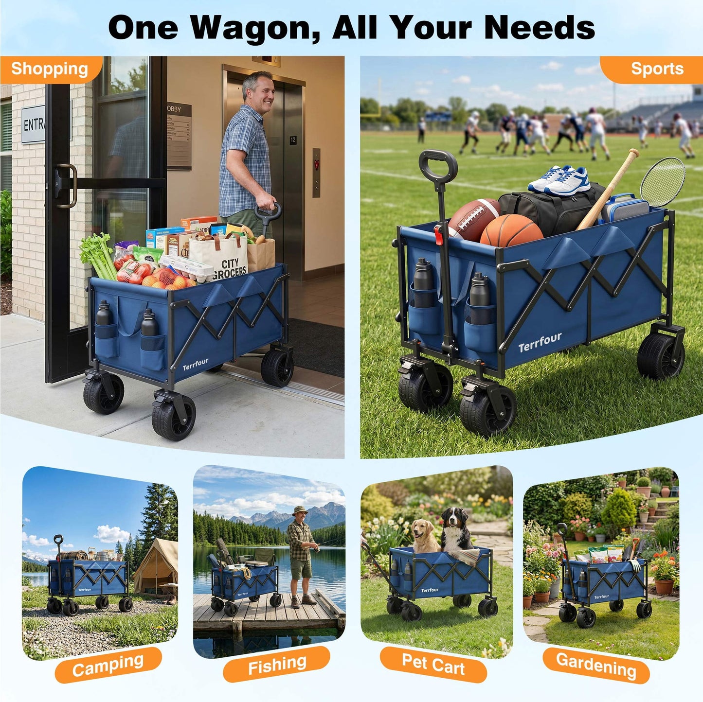 Goosiay Heavy Duty Collapsible Wagon Cart with Tank Wheels, 580lbs Folding Utility Wagon with Flexible Handle for Camping, Garden, Sports, Grocery & Shopping, Navy Blue